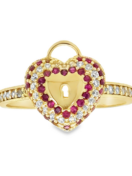 10KT Yellow Gold Lock Ring with Red Stones