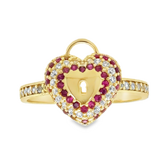 10KT Yellow Gold Lock Ring with Red Stones