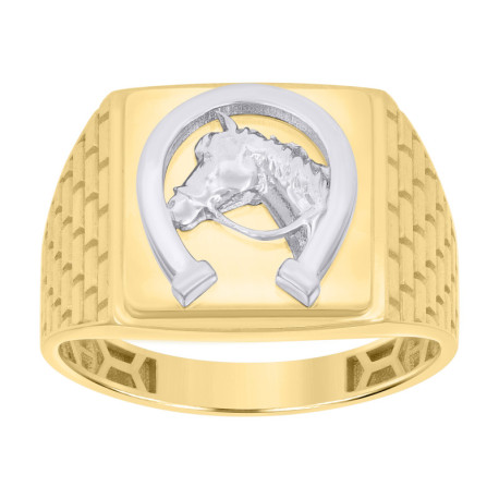 10kt Two-tone Gold Mens Square Horse Head Horse Shoe Good Luck Ring