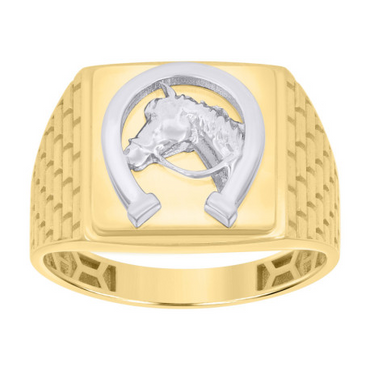 10kt Two-tone Gold Mens Square Horse Head Horse Shoe Good Luck Ring