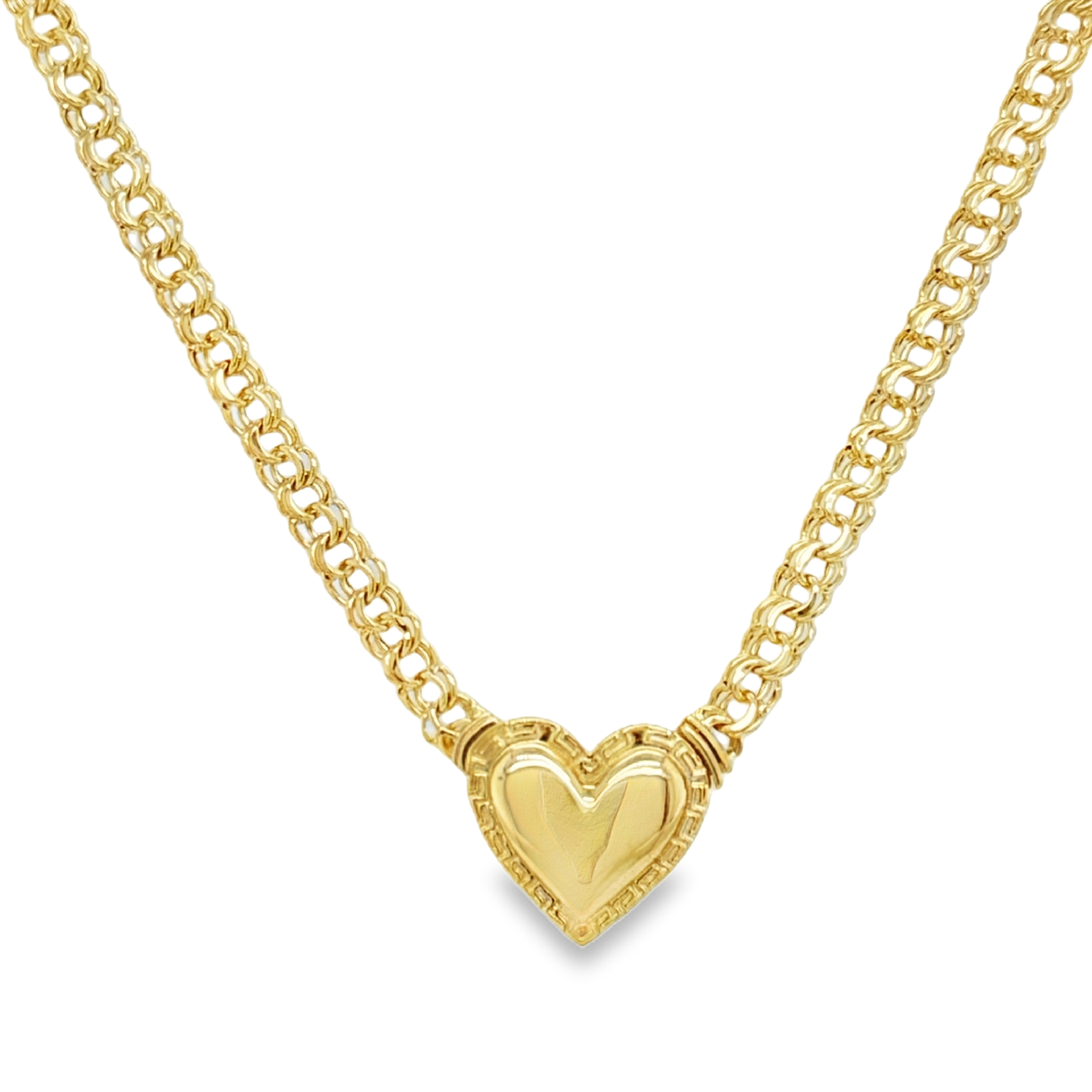 10KT Gold 4MM Chino Link Monaco Heart Chain with Greek Border 18" FREE ENGRAVING
