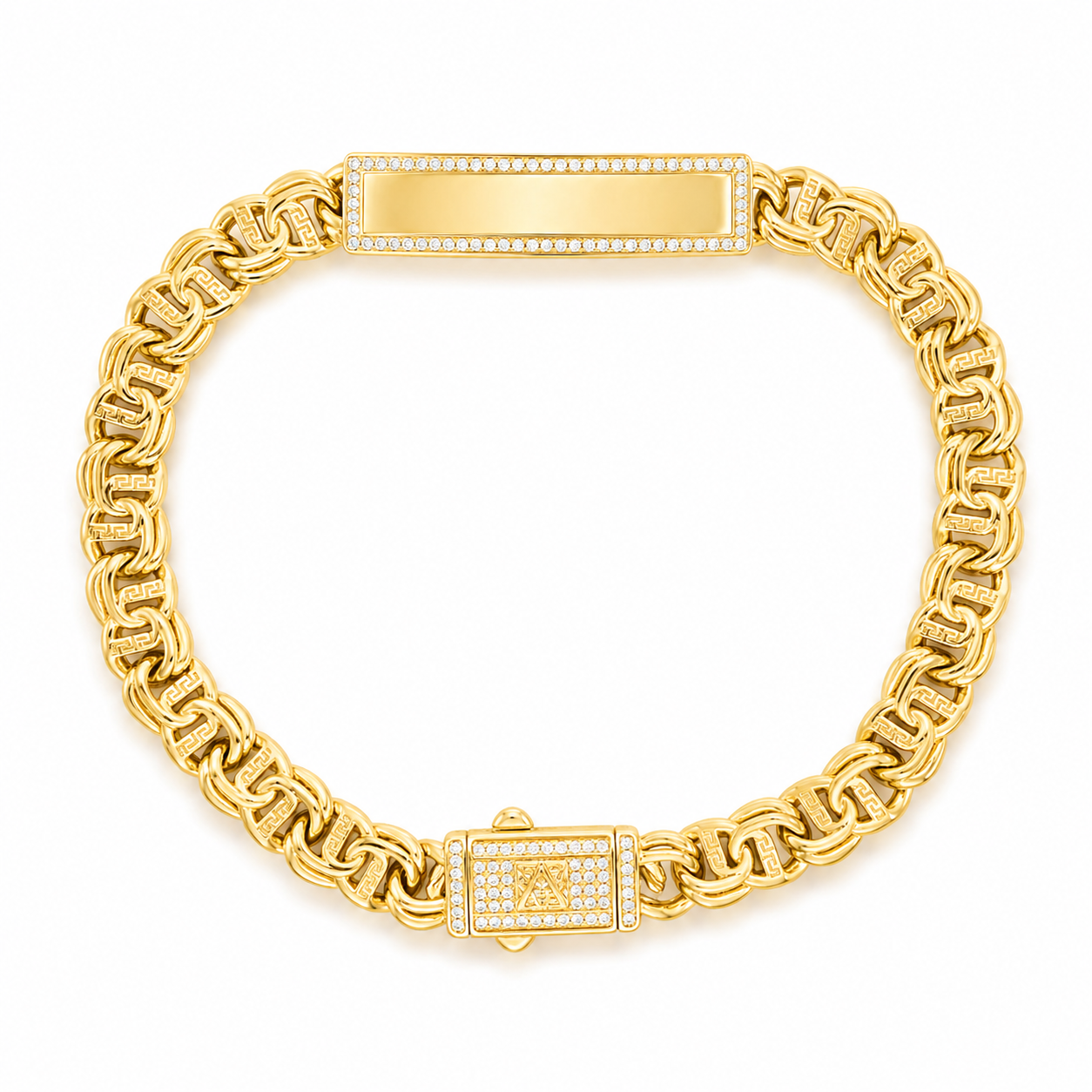 10KT Gold 7MM Chino Bar Bracelet with Greek Bars, CZ Border 7.5 Inches