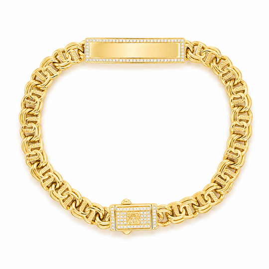 10KT Gold 7MM Chino Bar Bracelet with Greek Bars, CZ Border 7.5 Inches