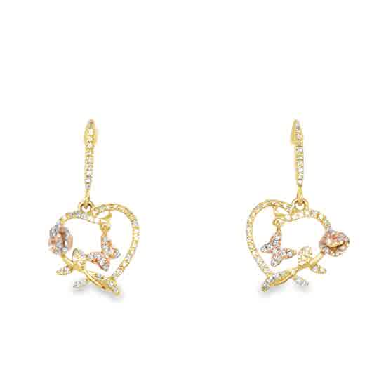 10KT 0.15CT- DIAMOND HEART EARRING WITH WITH BUTTERFLY AND ROSE