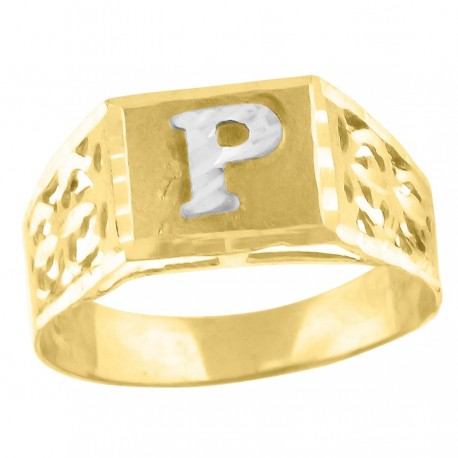 10kt Two-Tone Gold Unisex Kids Children Diamond-Cut Textured Initial L