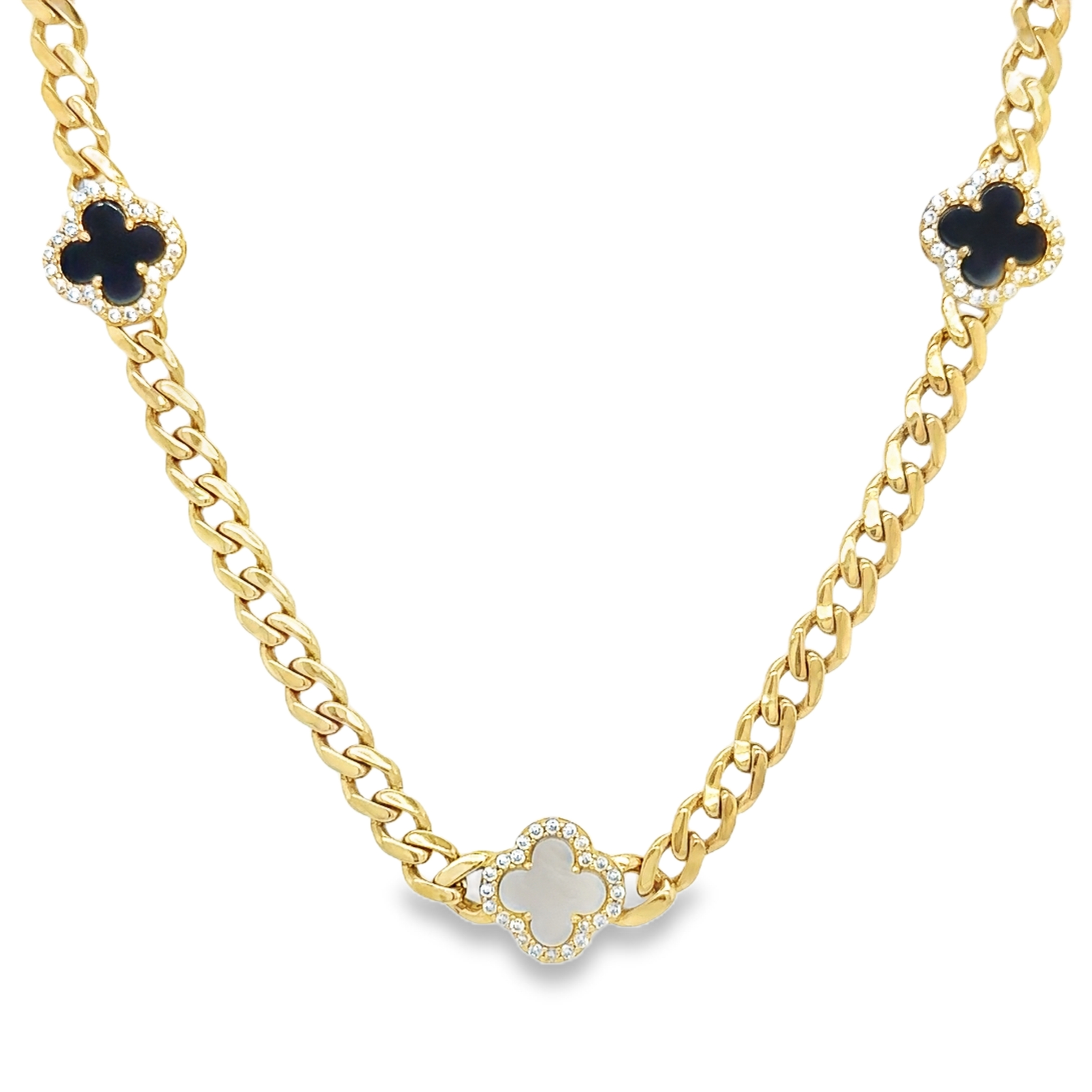 10KT Gold 5MM Monaco 16" Necklace with Black and White Clovers