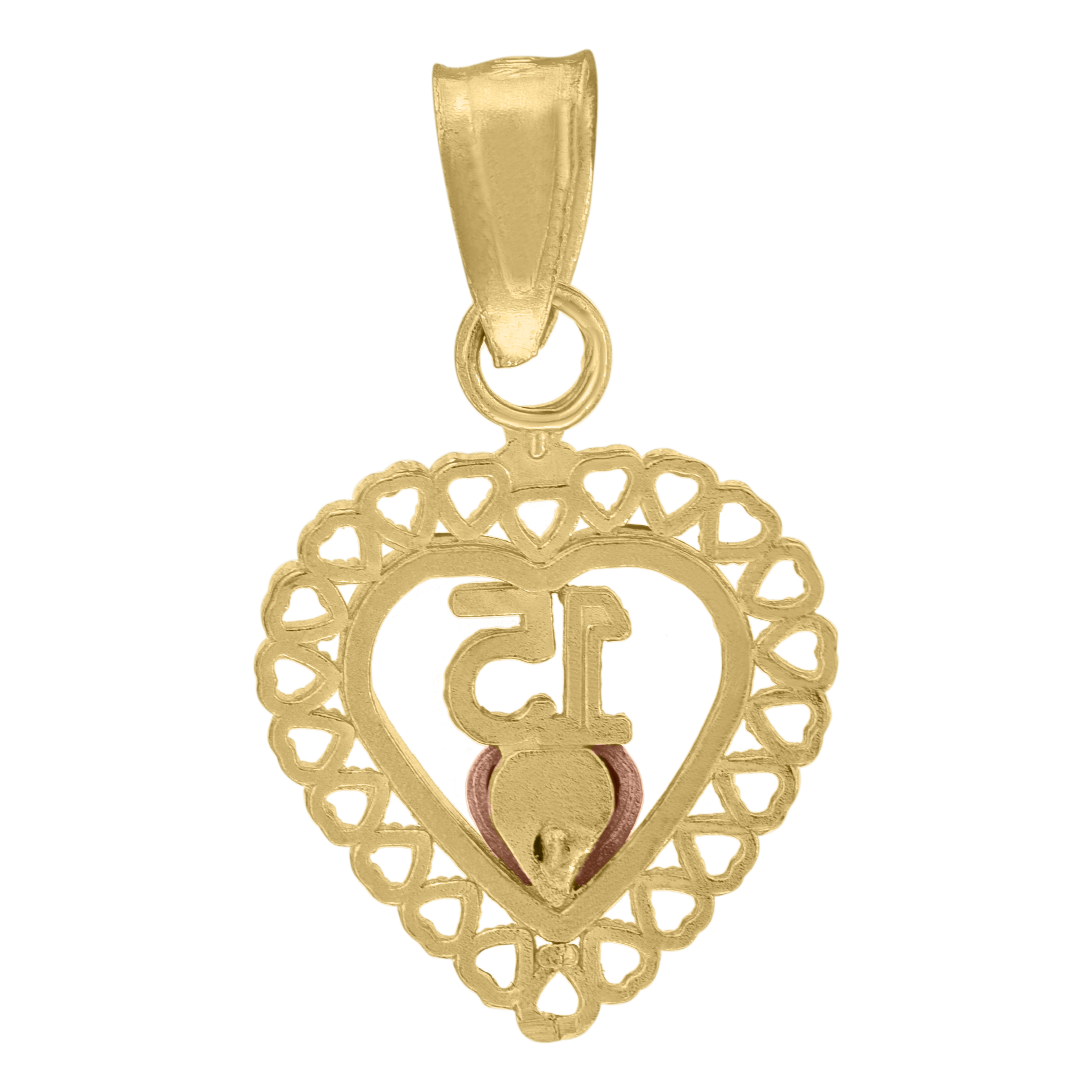 10kt Gold Tri-Color Diamond-Cut Womens 15 Anos Heart Quinceanera Charm