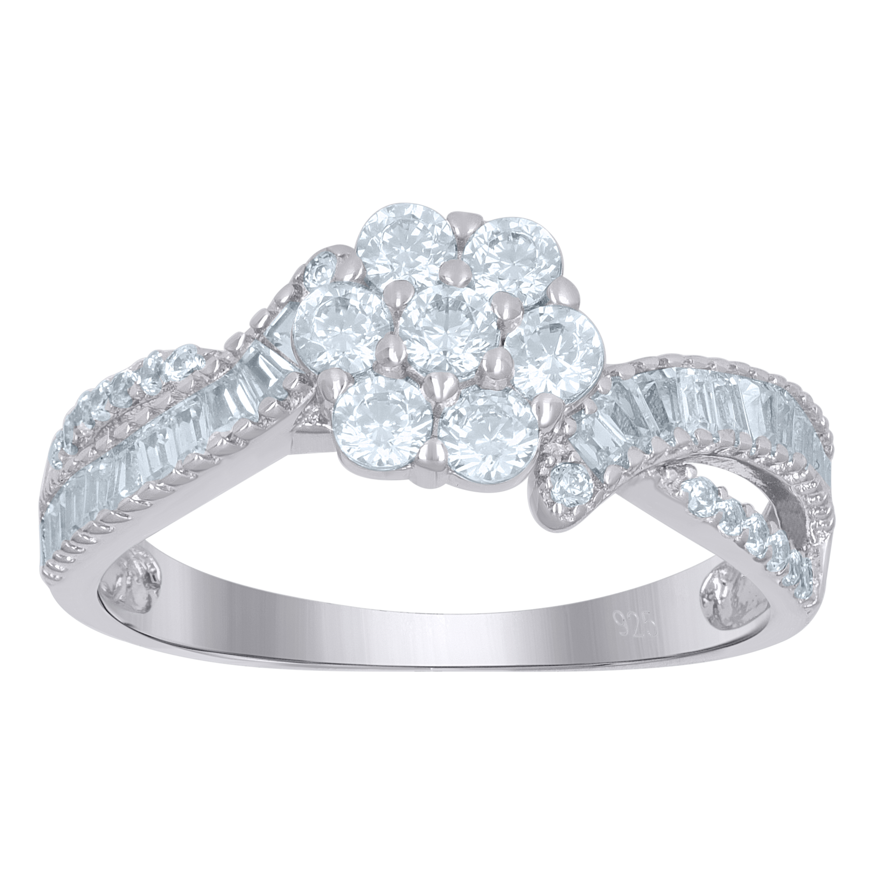925 Sterling Silver Womens Baguette Solitaire Cubic-Zirconia Flower En