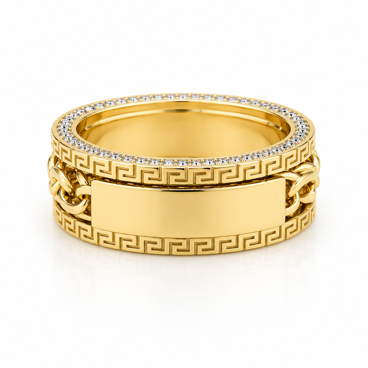 10KT Yellow Gold Chino Link Spinner Rotating Greek Border 8MM Band Rin