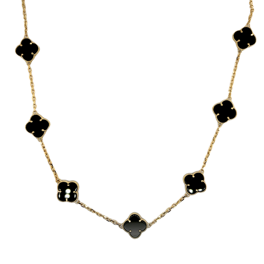 10KT Gold Onyx Flower Necklace 18IN + 0.75IN Extension