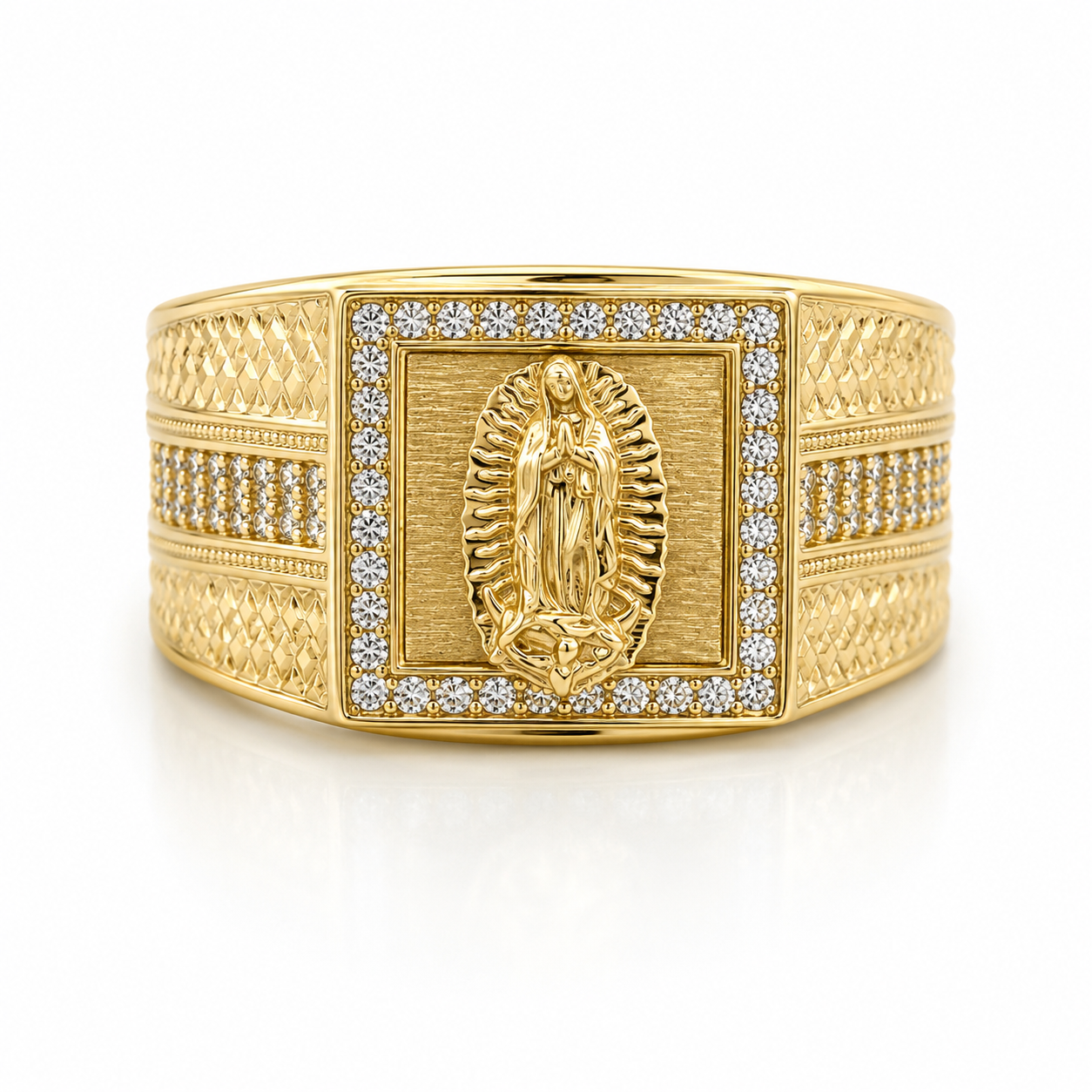10KT Gold Virgin Mary Virgen de Guadalupe Ring with CZ and Design on S