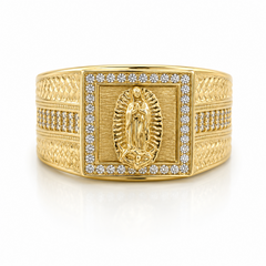 10KT Gold Virgin Mary Virgen de Guadalupe Ring with CZ and Design on S