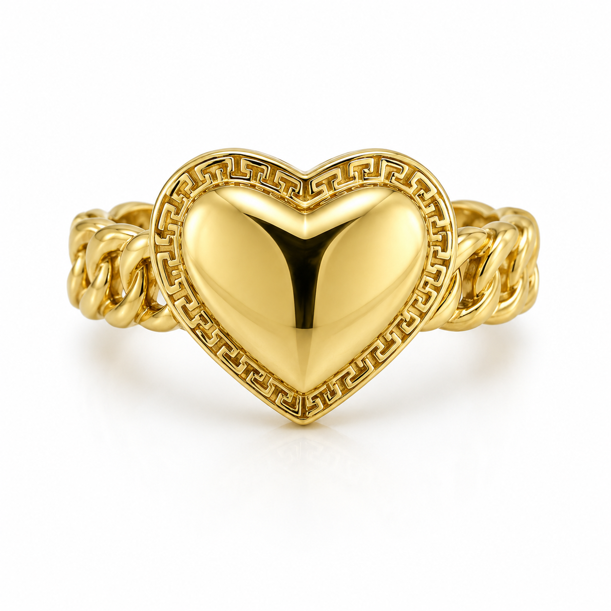 10KT Gold Chino Link Heart Ring with Greek Border