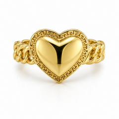 10KT Gold Chino Link Heart Ring with Greek Border Size 7.5
