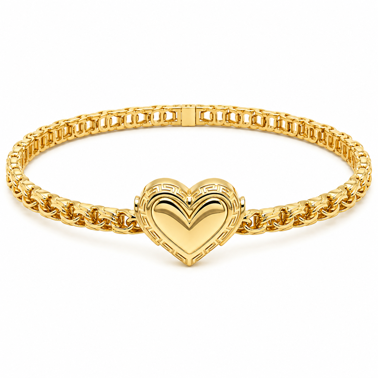 10KT Gold 4MM Chino Monaco Bangle Bracelet with Heart Clasp Greek Bord
