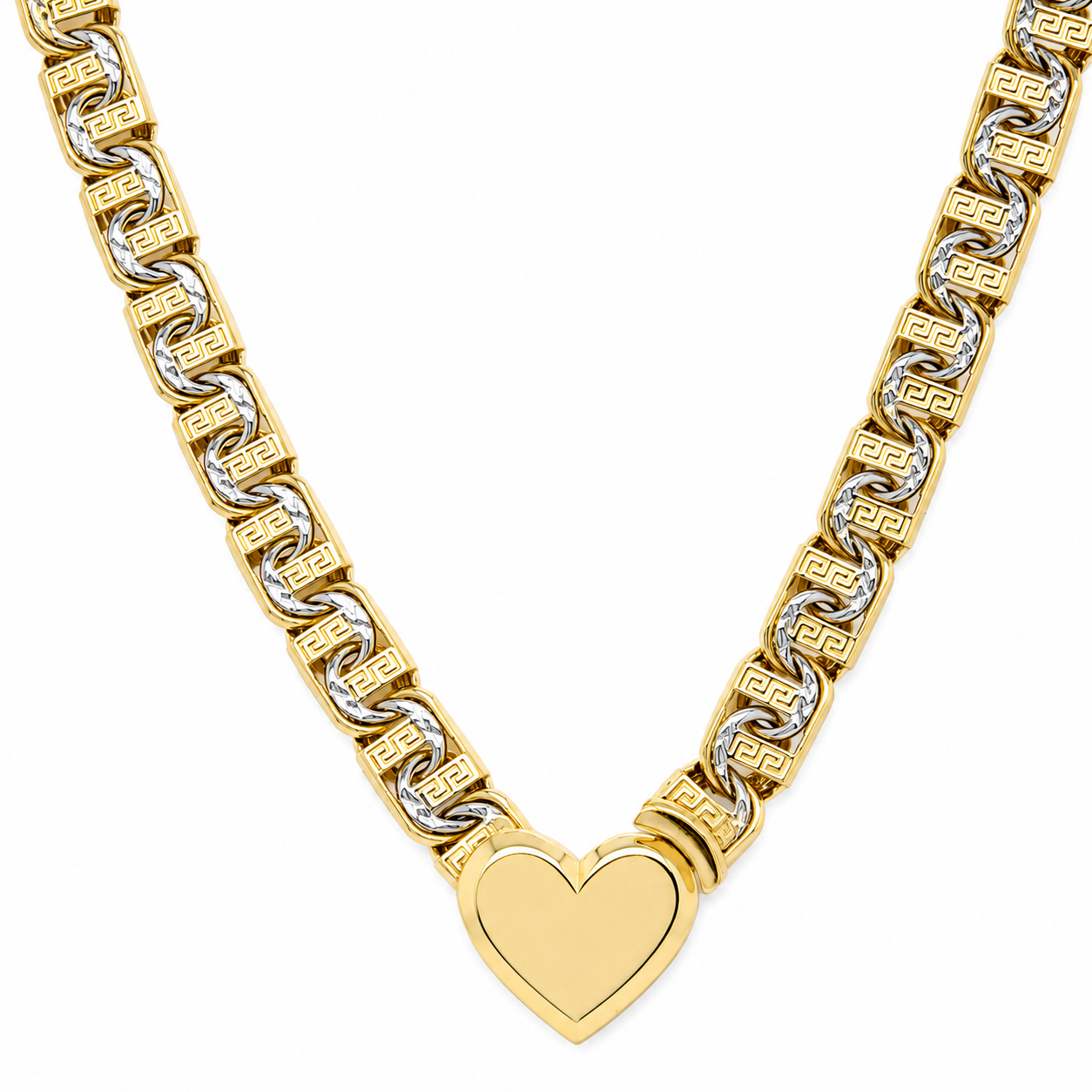 10KT Gold 7MM Chino Bar Heart Chain with Greek Bars, Diamond Cut Links