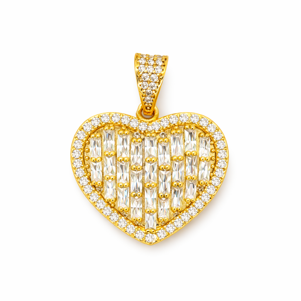 10KT Yellow Gold 23MM Heart Pendant with Baguettes