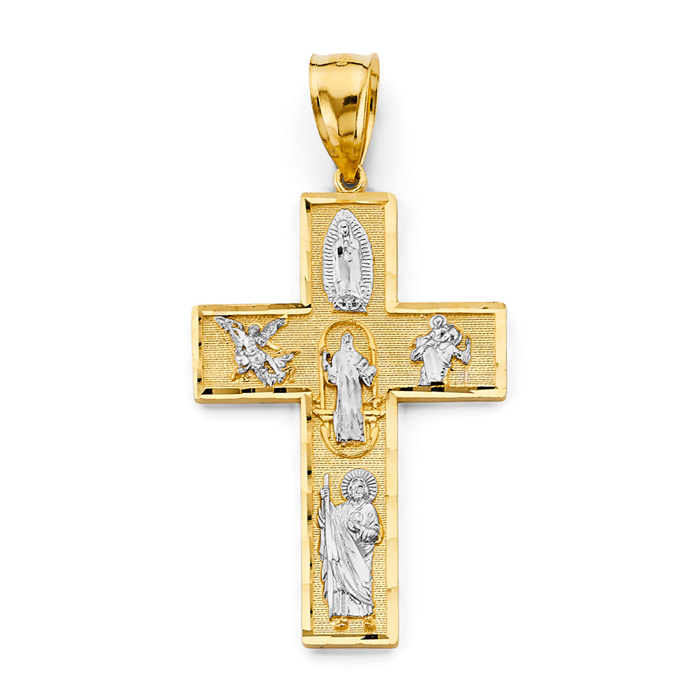 10KT Gold Cross with Virgin Mary Guadalupe, St. Michael, St. Benedict, San Lazaro, St. Jude San Judas 45MM + Bail