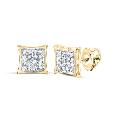10k Yellow Gold Round Diamond Square Kite Cluster Stud Earrings 1/10 C