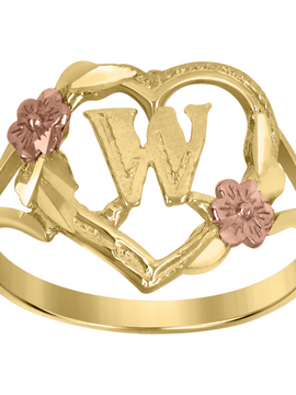 10Kt Two-Tone Gold Womens Dc Textured Initial Letter W Heart Band Ring