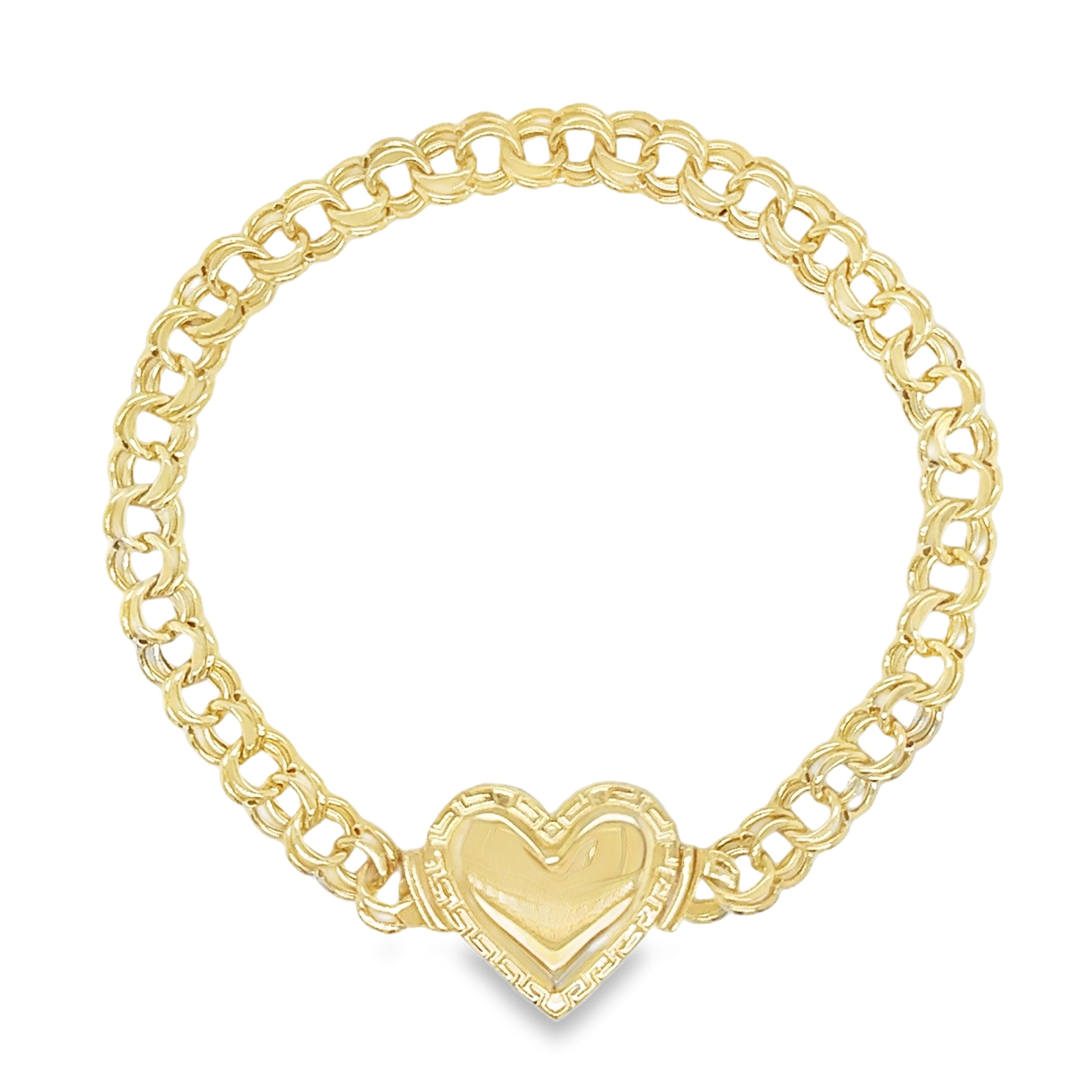 10KT Gold 7MM Chino Link Monaco Heart Bracelet with Greek Border 7.5 I