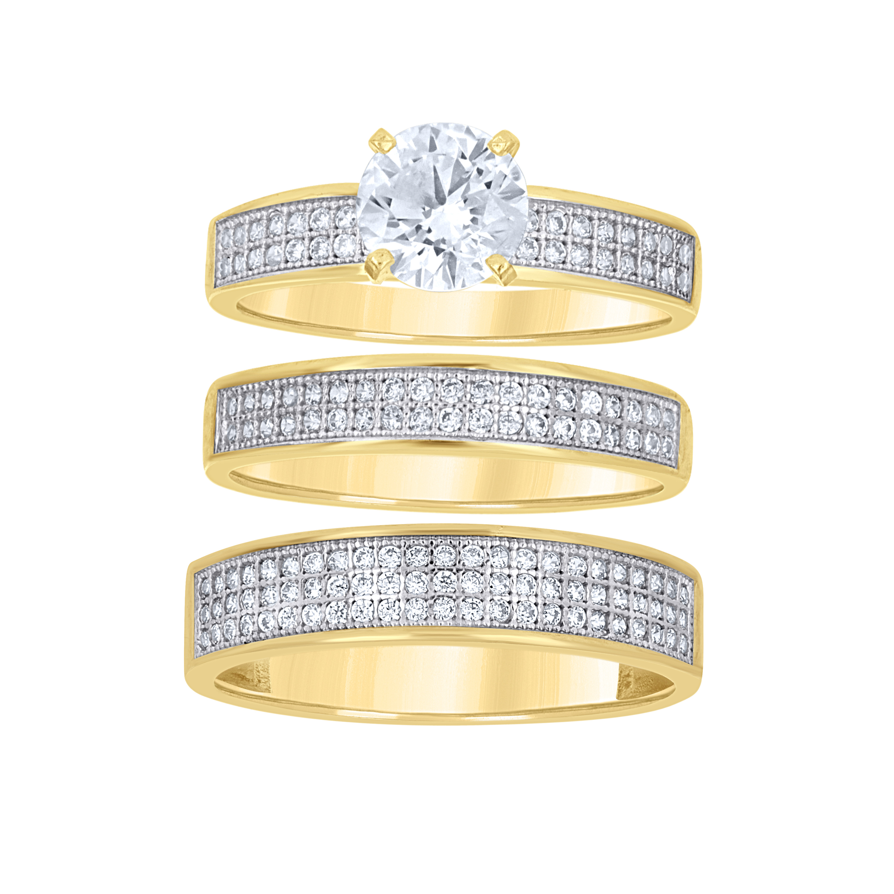 10kt Yellow-Color Gold Wedding Cubic-Zirconia Trio Ring His and Hers S