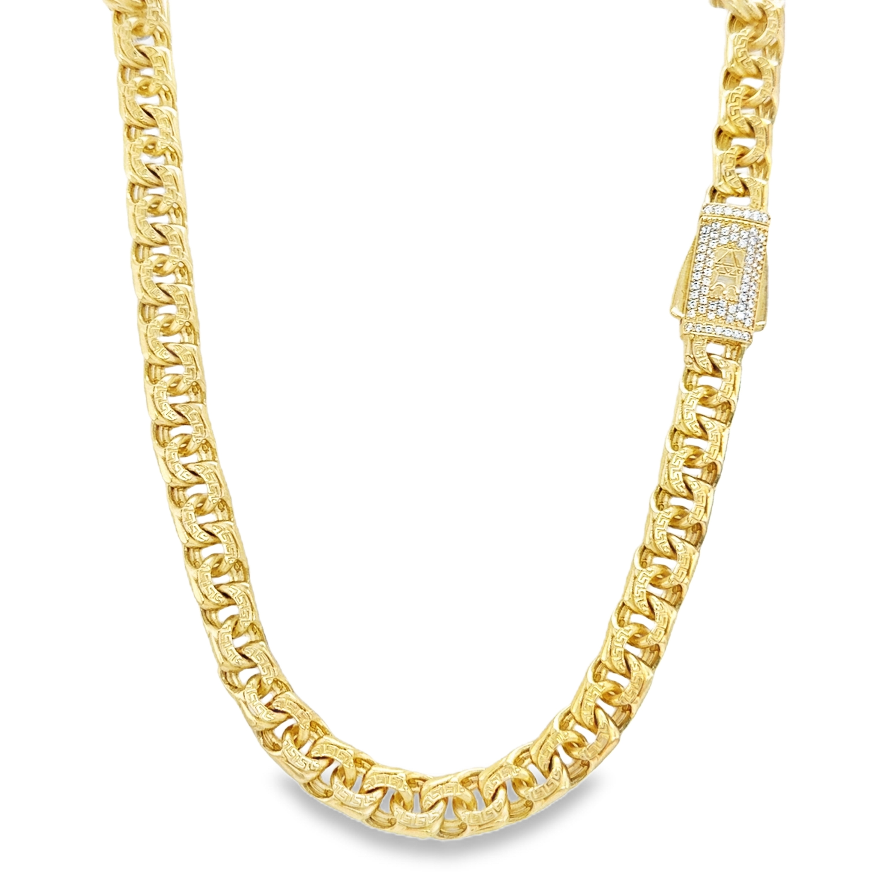 10KT Yellow Gold 8MM Monaco Chino Link Chain with Greek Design in Link