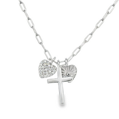 Sterling Silver Small Paperclip Necklace with Hearts and Cross