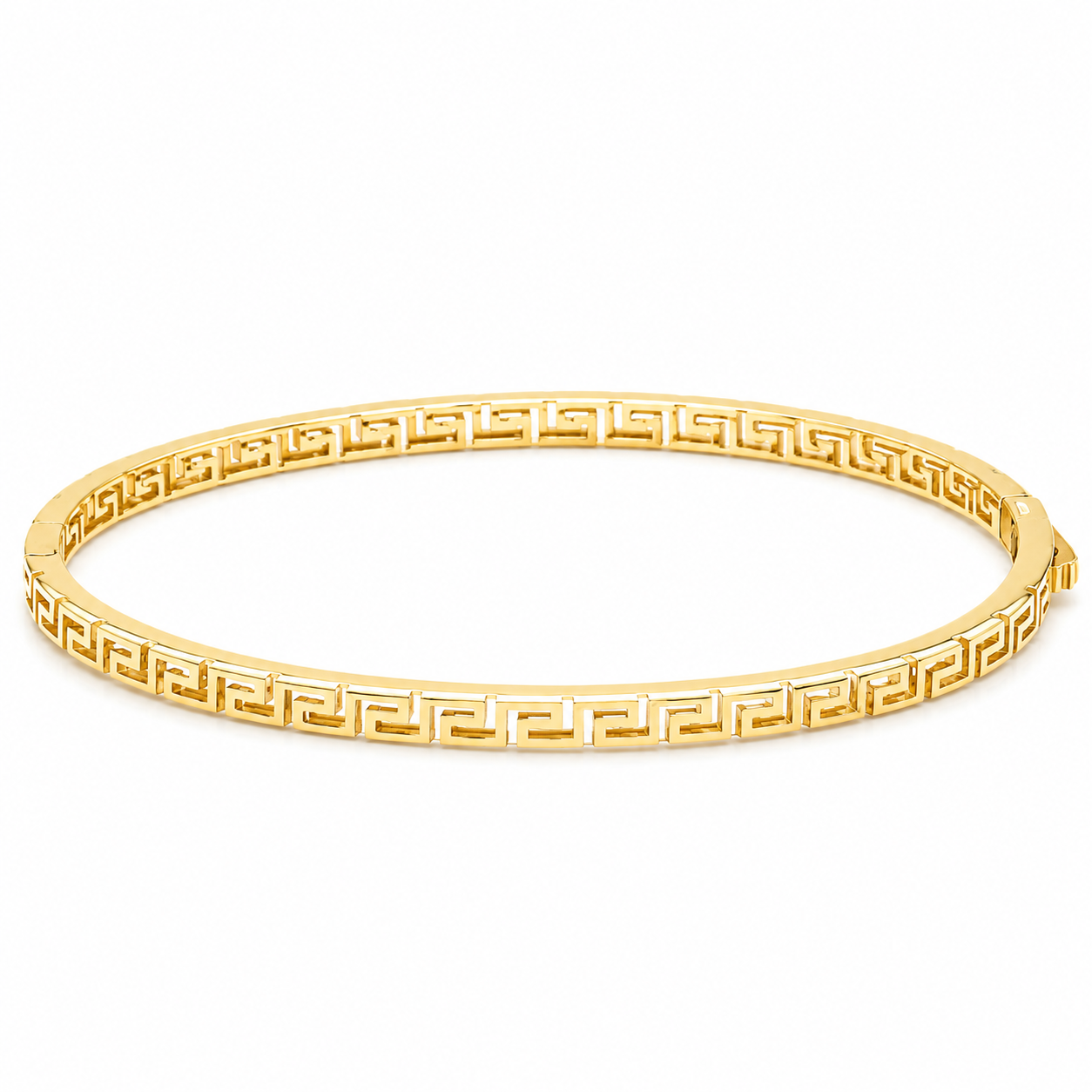 10KT Gold 3MM Bangle Bracelet with Greek Mexican Design