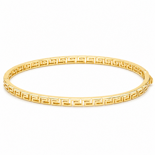 10KT Gold 3MM Bangle Bracelet with Greek Mexican Design