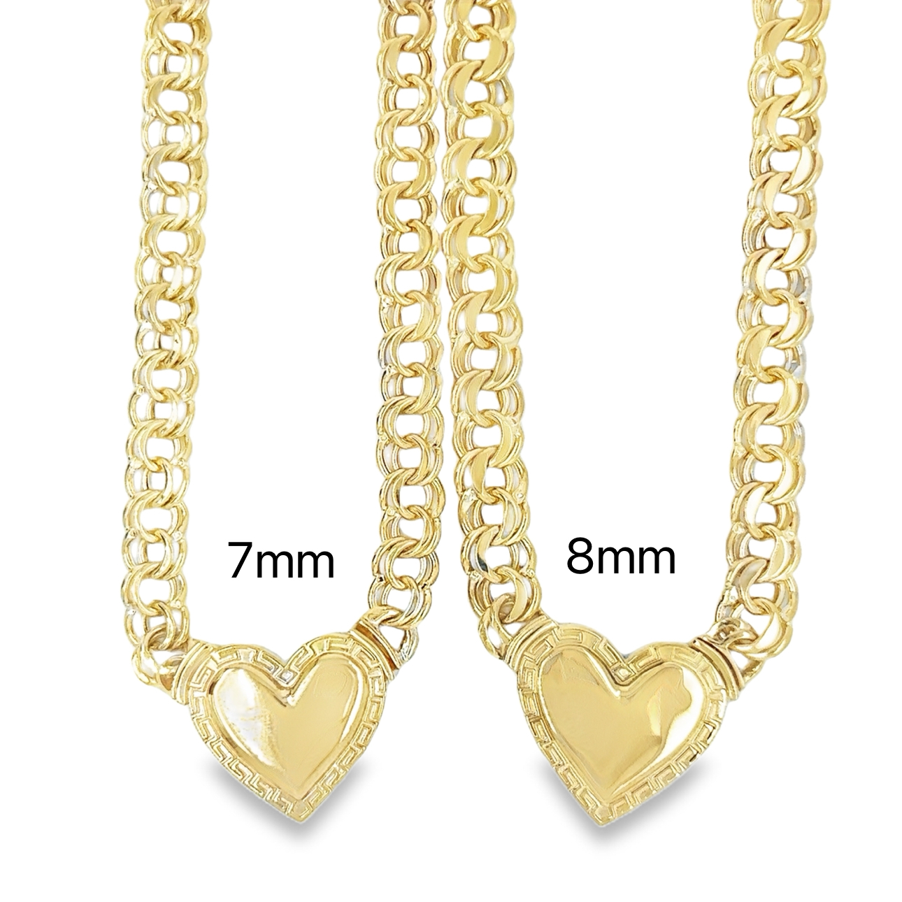 10KT Gold 8MM Chino Link Monaco Heart Chain with Greek Border 16 Inches FREE ENGRAVING