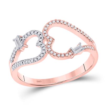 14K ROSE GOLD ROUND DIAMOND DOUBLE HEART RING 1/5 CTTW