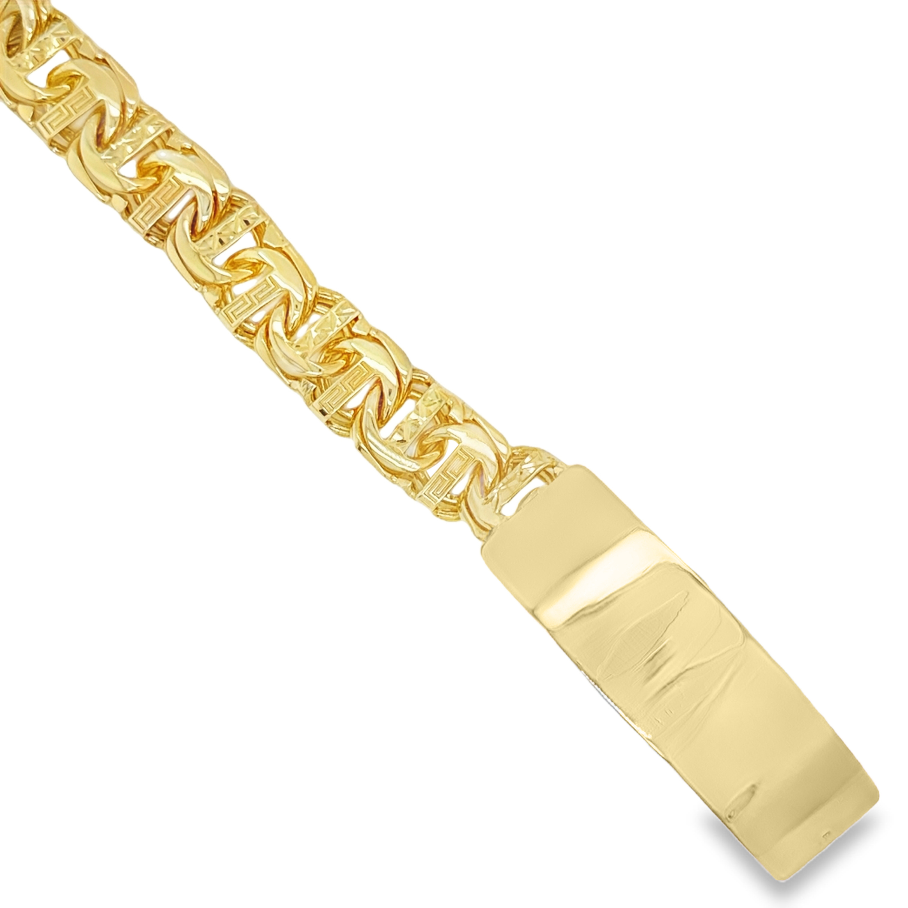 10KT Gold 14MM Solid Chino Bar Link with Greek and Diamond Cut ID Brac
