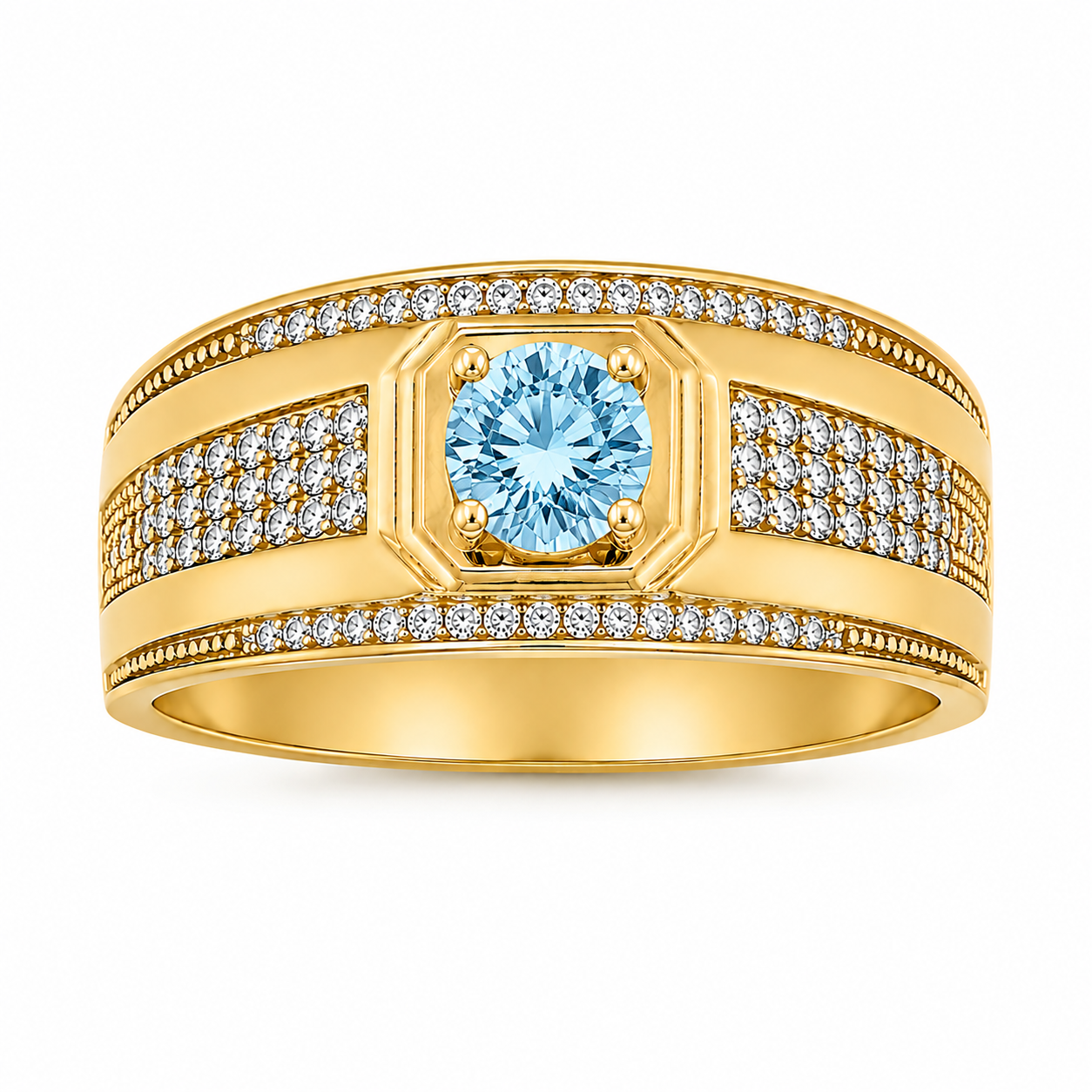 10KT Yellow Gold Mens Ring with Aquamarine CZ Stone
