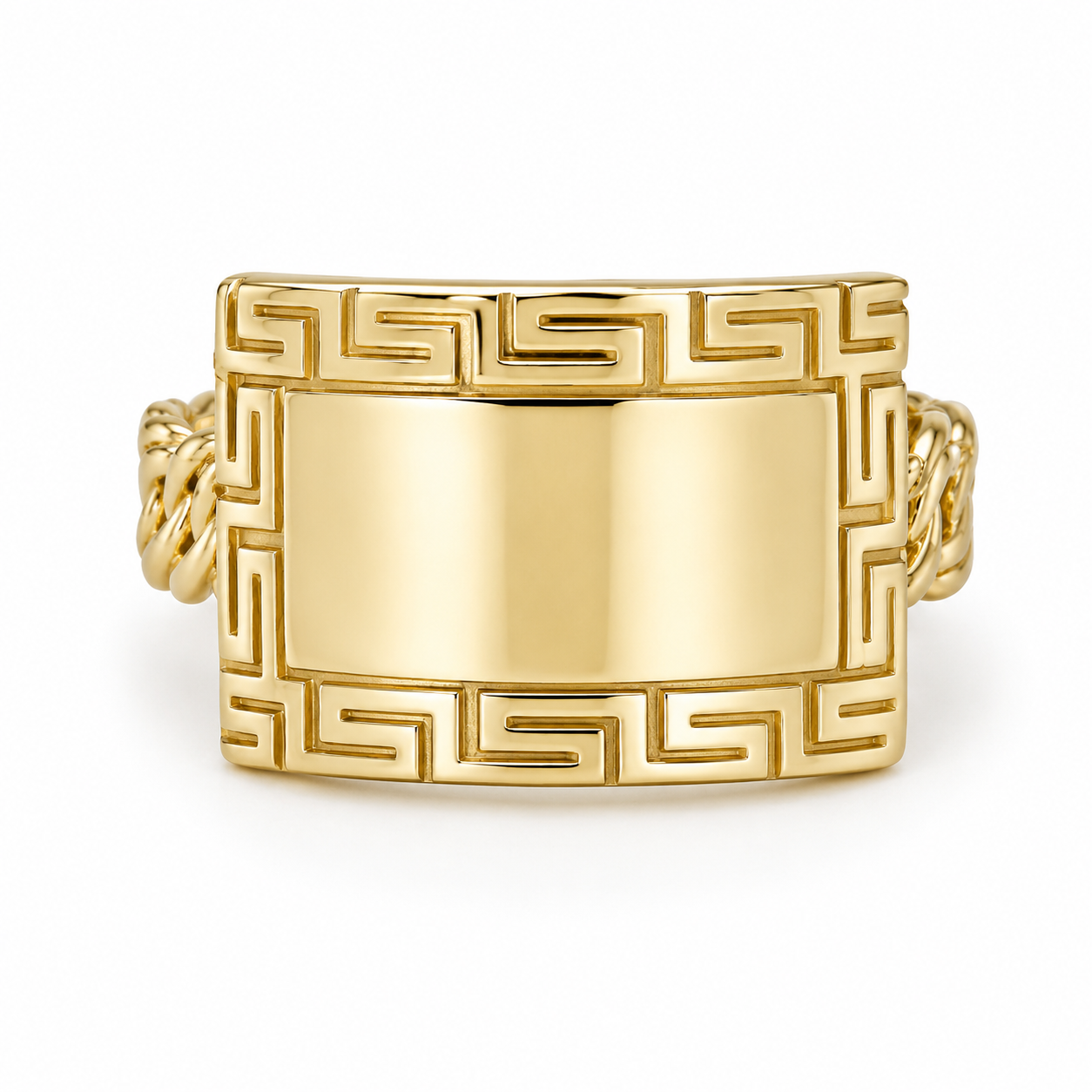 10KT Gold Tejido Chino Link Esclava Ring with Greek Border FREE ENGRAV