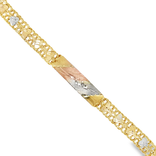 10KT Tricolor Gold 8MM Double Chino Link Bracelet with Hearts, 6 Inche