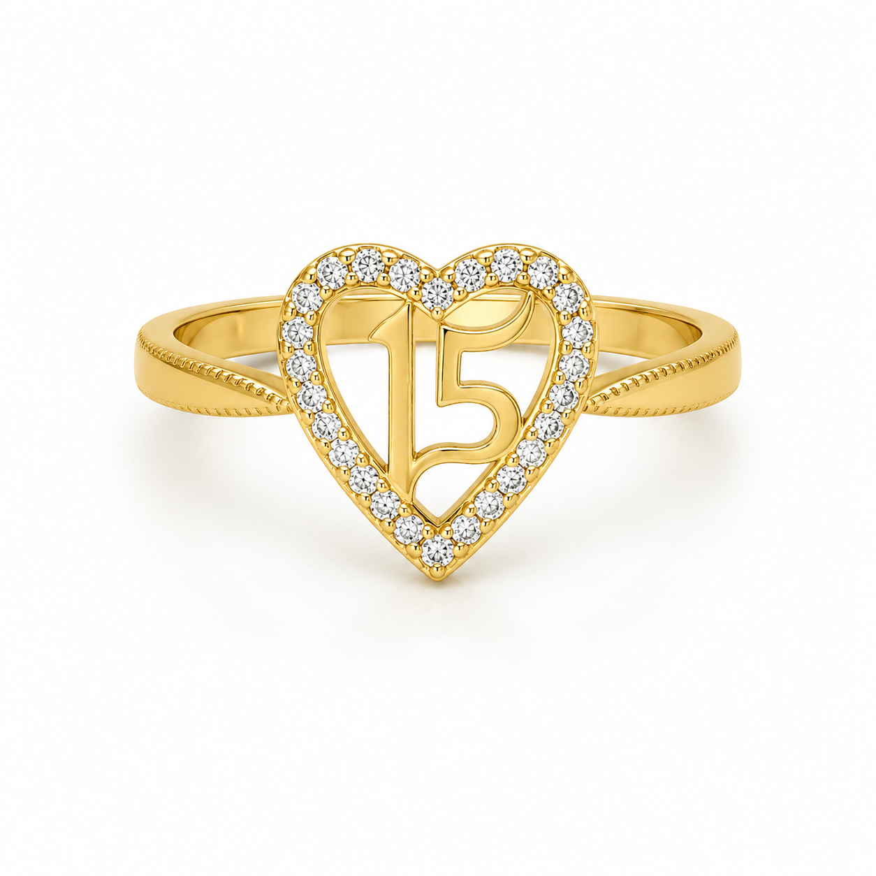 10kt Gold Womens CZ 15 Anos Heart Quinceanera Ring