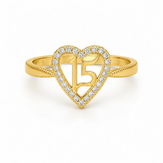 10kt Gold Womens CZ 15 Anos Heart Quinceanera Ring