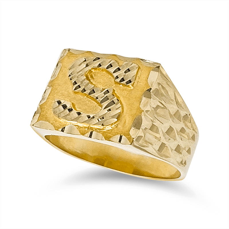 Anillo Inicial de Hombre 10KT Lados Diamantados/Men's Initial Ring with Diamond Cut Sides in 10KT Gold