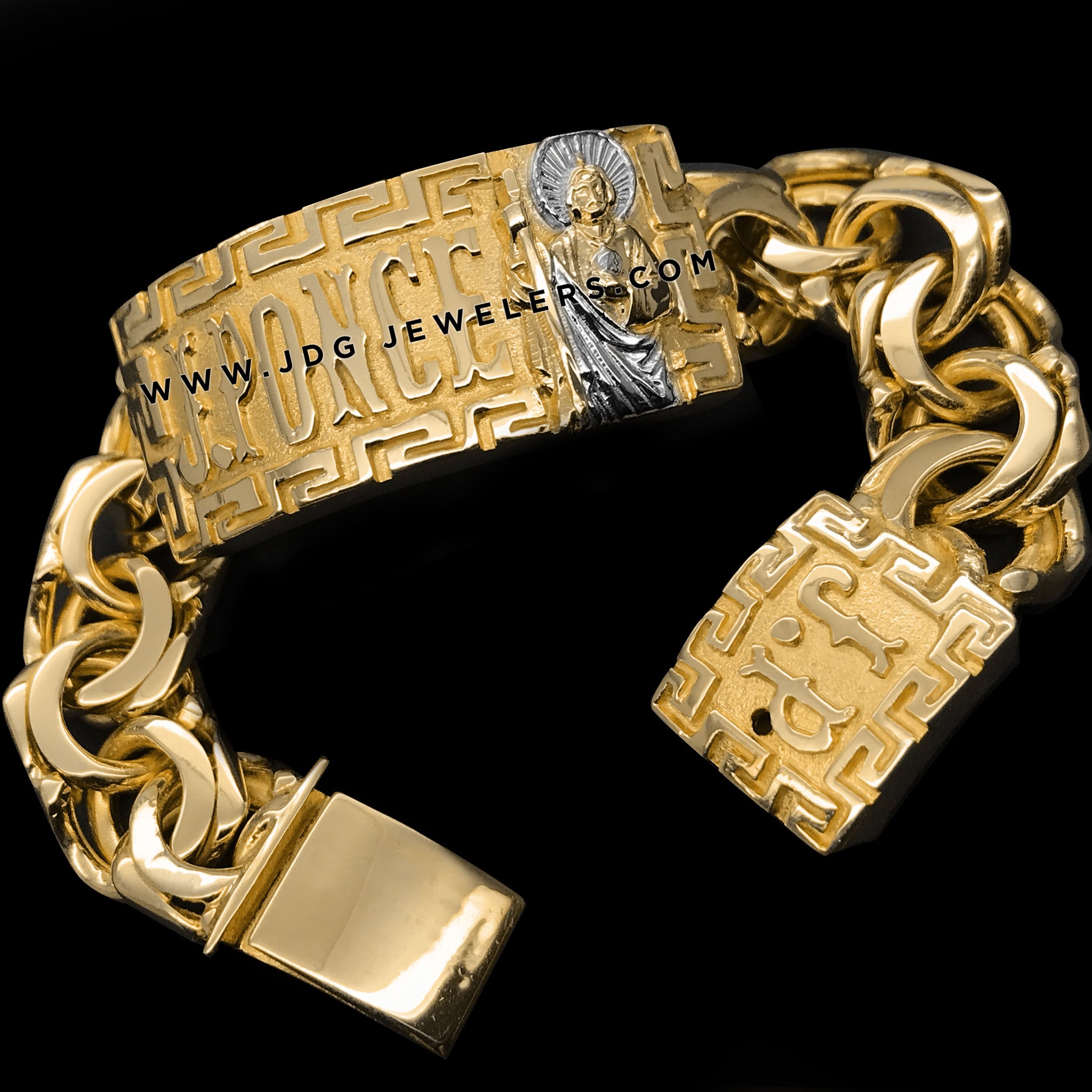 Chino Link ID Bracelet with Greek border and St Jude and Initials in Back Clasp