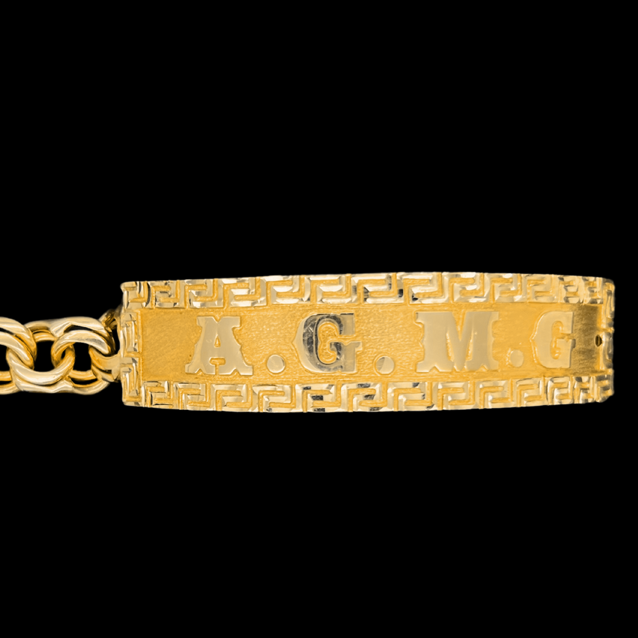 10KT Gold Ladies Chino Link Bracelet with Diamond Cut Greek Border and Plain Letters/Esclava Tejido Chino para Mujer en Oro 10KT con Bicel Grecas Diamantado, Letras Lisas