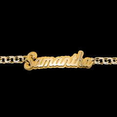 10KT Gold 4mm Women Chino Link Bracelet with cursive name/Esclava para Mujer 10KT Tejido Chino 4MM con Nombre Cursiva