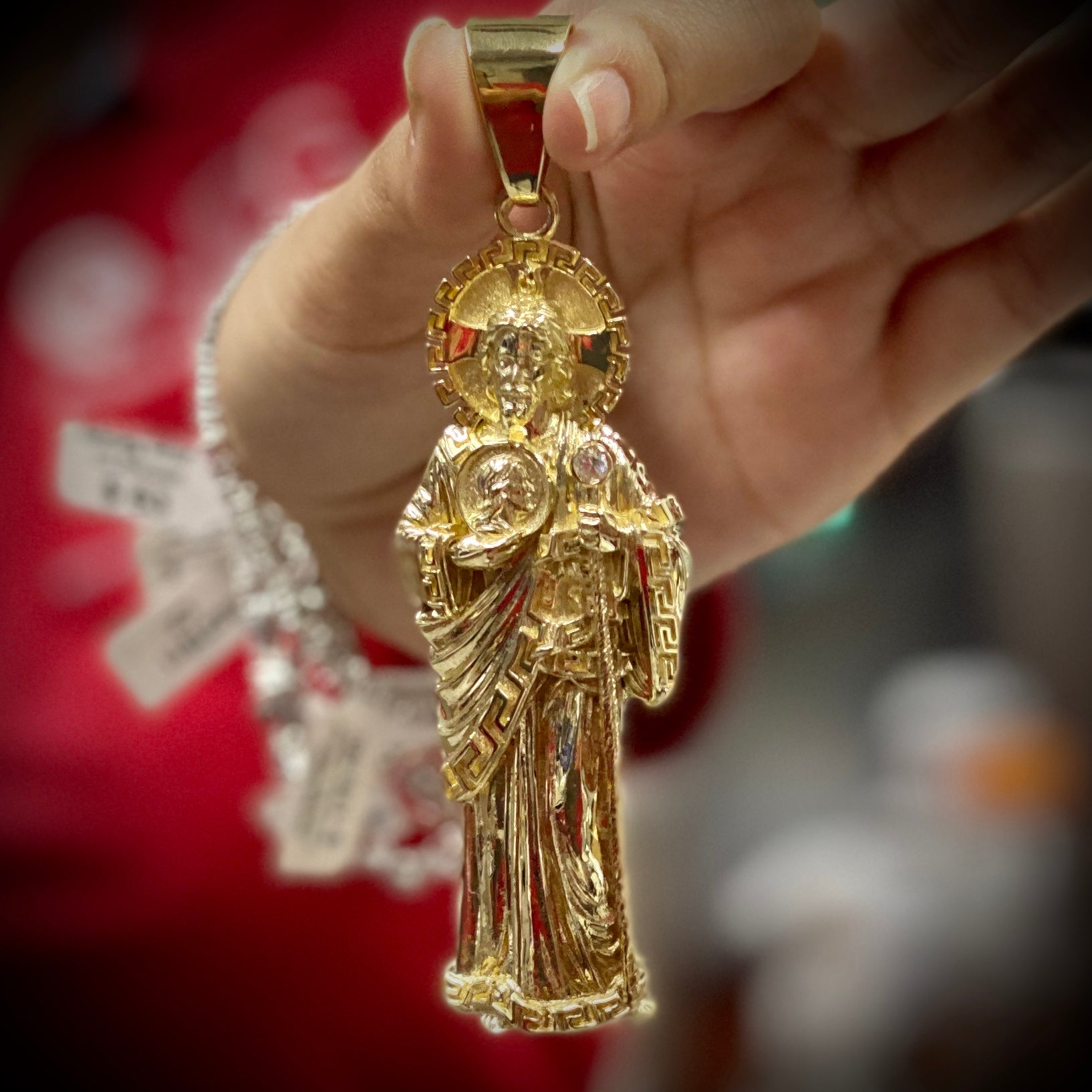Dije San Judas con Grecas 3D Oro/Gold St. Jude with Greek Design Pendant