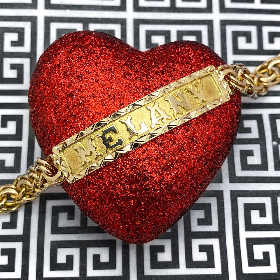 10KT Gold Ladies Chino Link Bracelet with Diamond Cut Border/ Esclava Tejido Chino para Mujer en Oro 10KT